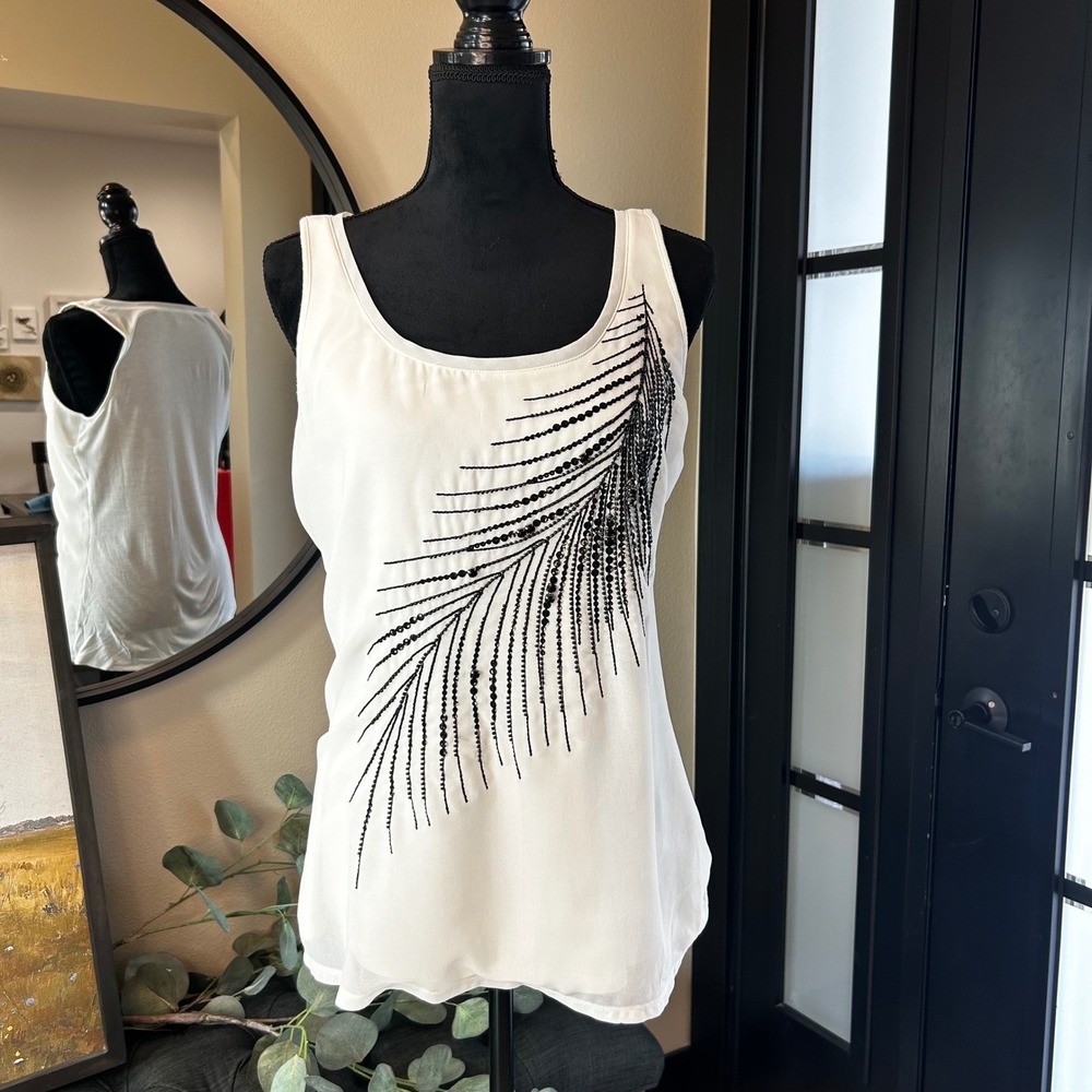 Express White Sleeveless Tank Top Black Sequin Feather Embellished Medium